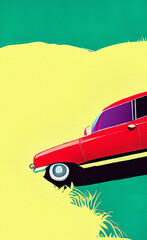 Retro red sport car riding on the road and mountains landscape on background. Mountain road and vintage car retro style flat illustration in minimalist style. Old american artwork style. Poster print