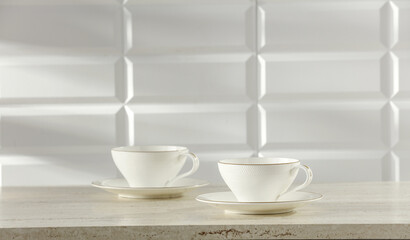 Fresh hot coffee in cup and wall background. 