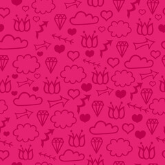 Fun red shapes doodle seamless pattern. Creative minimalist style background for children or trendy design with basic shapes. Cloud, arrow, diamond, heart, flower. Simple childish scribble backdrop.