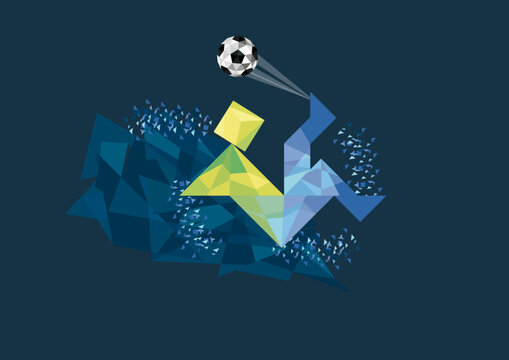 Football Soccer Vector Illustration in Blue Background - players in yellow, green and Blue - bicycle-kick