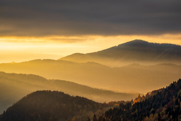 Beautiful sunrise in the mountainous landscape. The Mala Fatra national park in northwest of Slovakia, Europe.