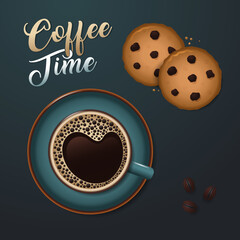 A cup of coffee with heart-shaped foam and two oatmeal cookies with chocolate chips on a blue background. Flyer or card concept. top view