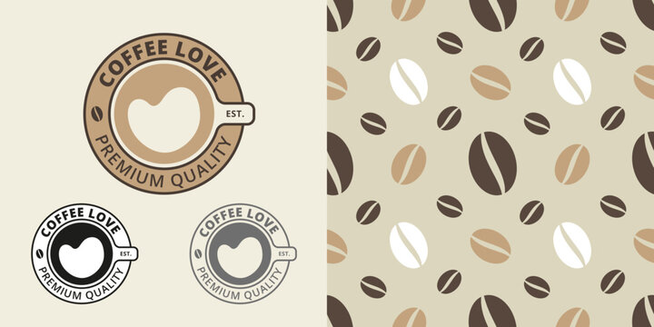 Logo template, cup of coffee with foam in the shape of a heart. Seamless pattern with coffee beans on a light background. Vector, illustration