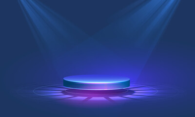 Stage podium with light in digital futuristic style on a blue background. Technological platform for product presentation. Vector illustration of cyberpunk arena
