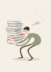 Hand Drawn Vector Illustration of a Nerdy Overwhelmed Student Holding a Heavy Pile of Books. Simple Style Design. Isolated Graphic on Beige Background.