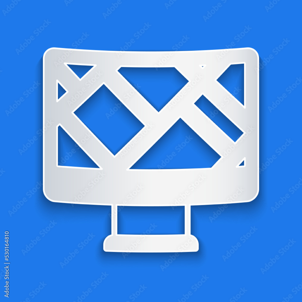 Poster paper cut computer monitor and folded map with location marker icon isolated on blue background. pap