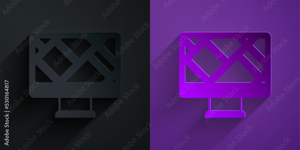 Poster paper cut computer monitor and folded map with location marker icon isolated on black on purple back