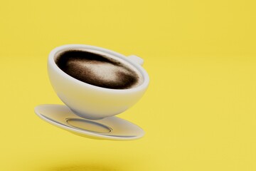 time for coffee. a cup of coffee on a saucer on a yellow background. copy paste, copy space. 3D render
