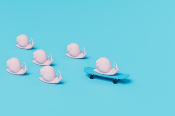 a fast snail on a skate that other snails catch up with. 3D render © Igor