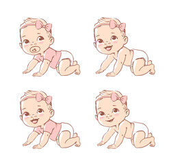 Cute little baby girl in diaper. Active baby of 3-12 months. First year baby development. Newborn crawling and smiling. Happy healthy baby Caucasian ethnic. Color vector illustration set.