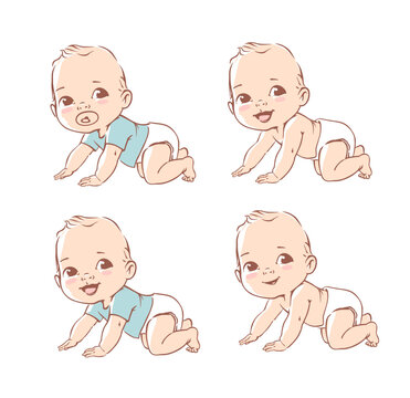 Cute little baby boy in diaper. Active baby of 3-12 months. First year baby development. Newborn crawling and smiling. Happy healthy baby Caucasian ethnic. Color vector illustration set.