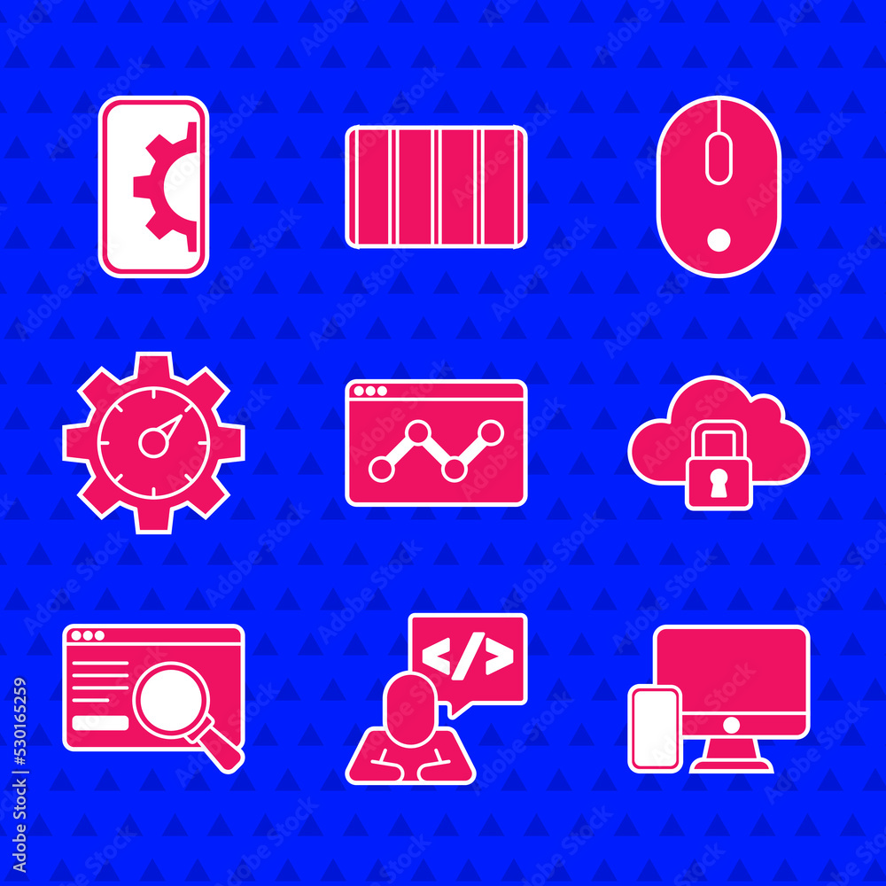 Poster set website statistic, front end development, monitor and mobile, cloud computing lock, ui ux design