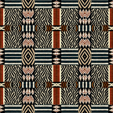 African kente cloth patchwork effect pattern. Seamless geometric quilt fabric all over background. Patched boho rug safari shirt repetitive tile swatch