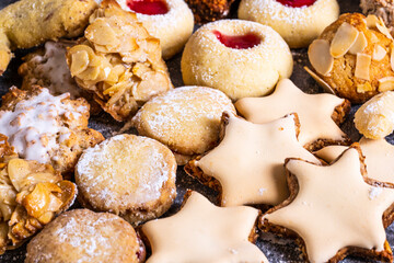 homemade, freshly baked Christmas cookies, close-up of different varieties