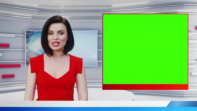 Female TV presenter reporting breaking news in virtual studio with green screen in live television program