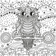 Mandala with owl on white. Zentangle. Hand drawn abstract patterns on isolation background. Design for spiritual relaxation for adults. Black and white illustration for coloring