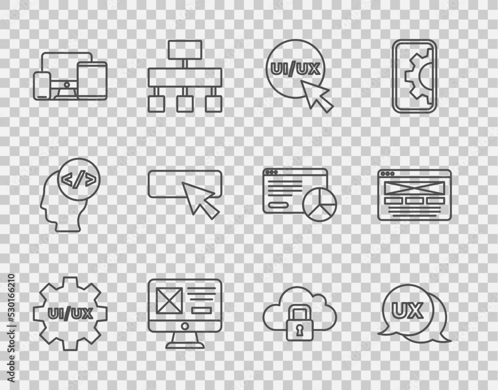 Poster set line ui or ux design, monitor, mobile, tablet, cloud computing lock and icon. vector