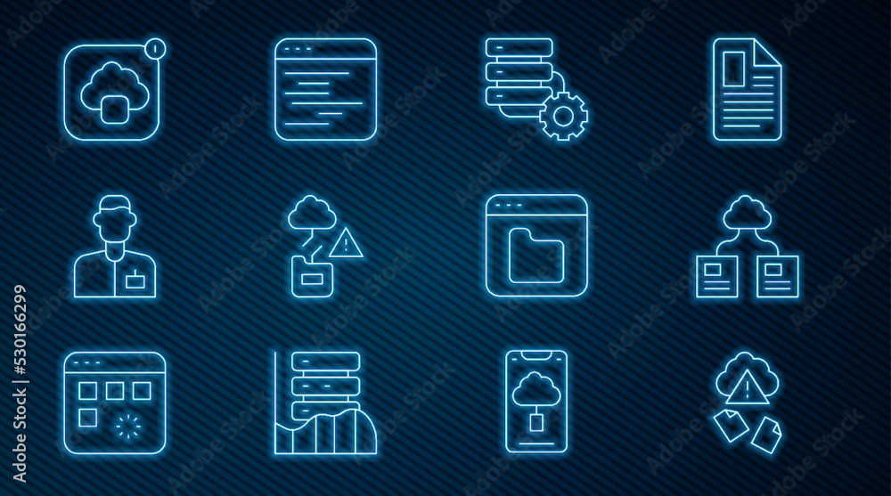 Poster set line cloud hacking, technology data transfer, server and gear, analyst engineer, browser files a