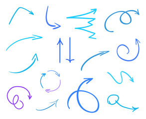 Colored infographic elements on isolated white background. Hand drawn simple arrows. Line art. Set of different pointers. Abstract indicators