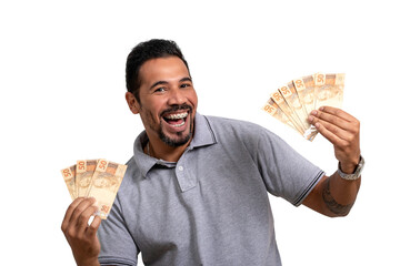 Man holds money, Brazilian money, BRL	