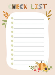 Check list template. Vector illustration with autumn elements for planner.