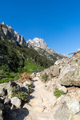 Woman hiker with a backpack on the Cascade Canyon trail in Grand Teton National Park