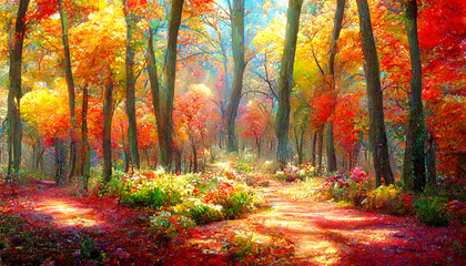 Fototapeta premium Golden autumn in the forest by the lake