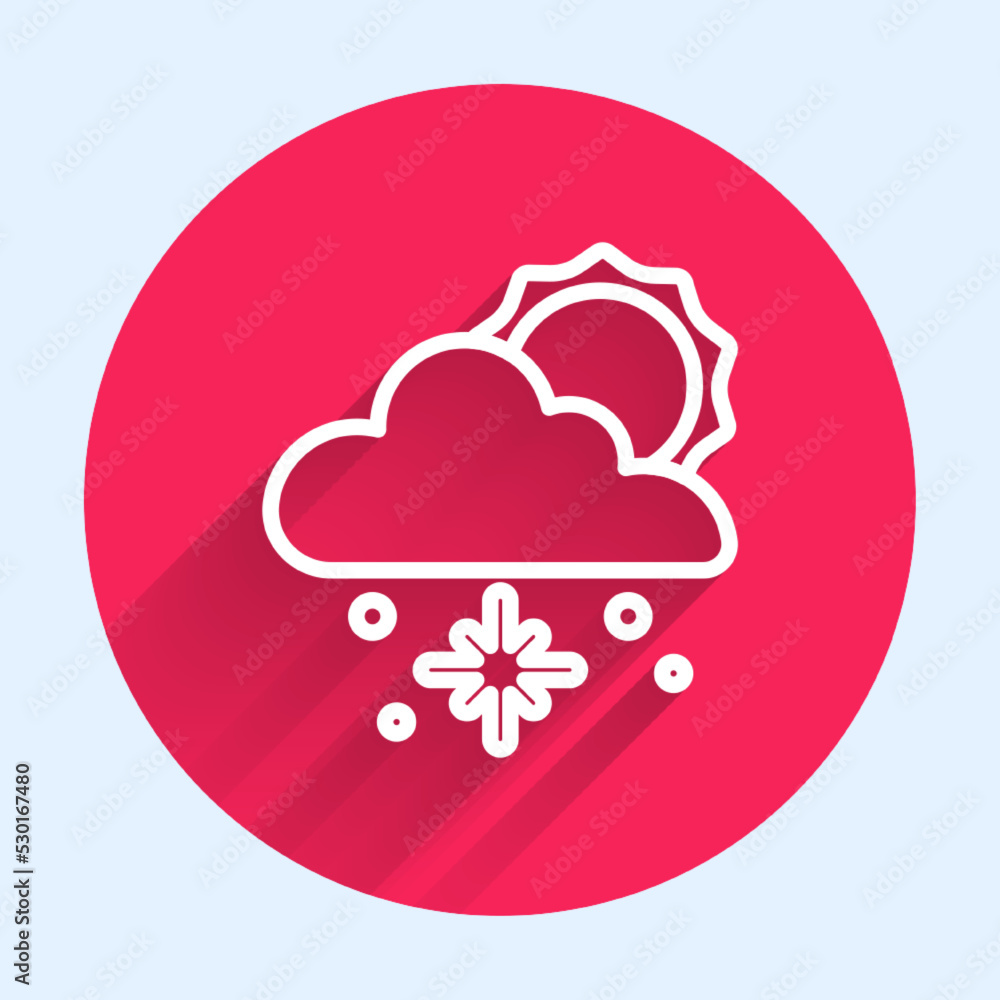 Poster White line Cloud with snow and sun icon isolated with long shadow. Cloud with snowflakes. Single weather icon. Snowing sign. Red circle button. Vector