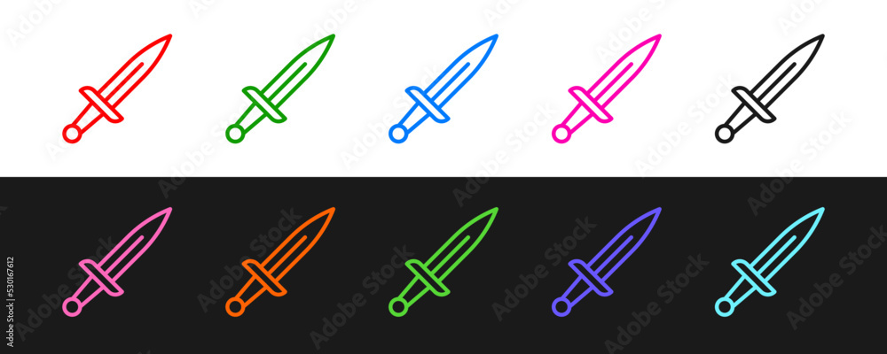 Poster set line dagger icon isolated on black and white background. knife icon. sword with sharp blade. vec