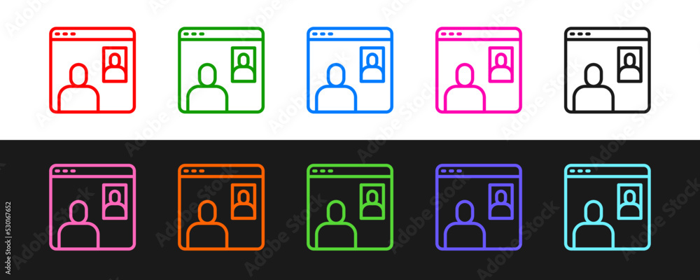 Poster set line video chat conference icon isolated on black and white background. computer with video chat