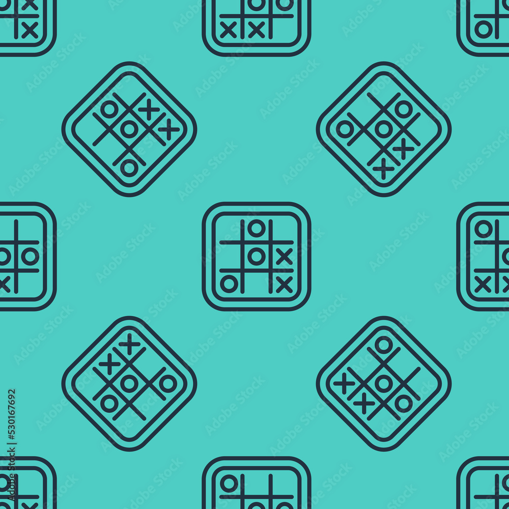 Poster black line tic tac toe game icon isolated seamless pattern on green background. vector