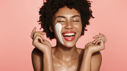 Happy woman washing her face with cleansing foam, hydrating her skin, smiling and laughing,...