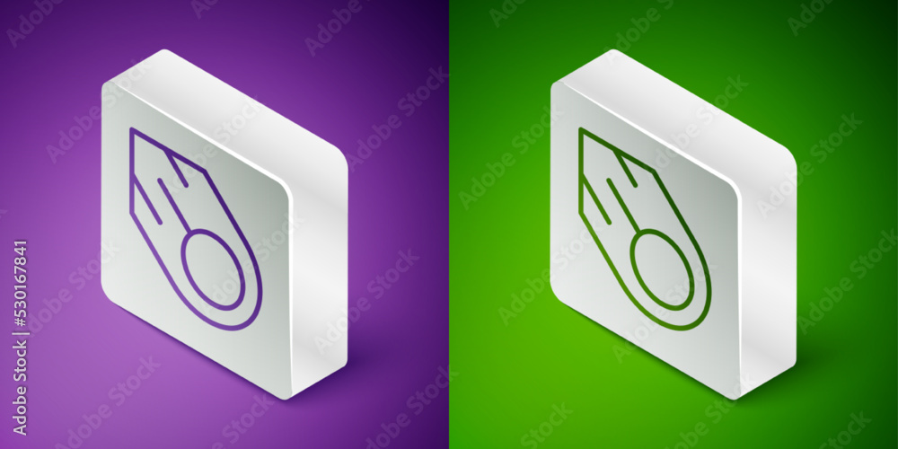 Poster isometric line comet falling down fast icon isolated on purple and green background. silver square b