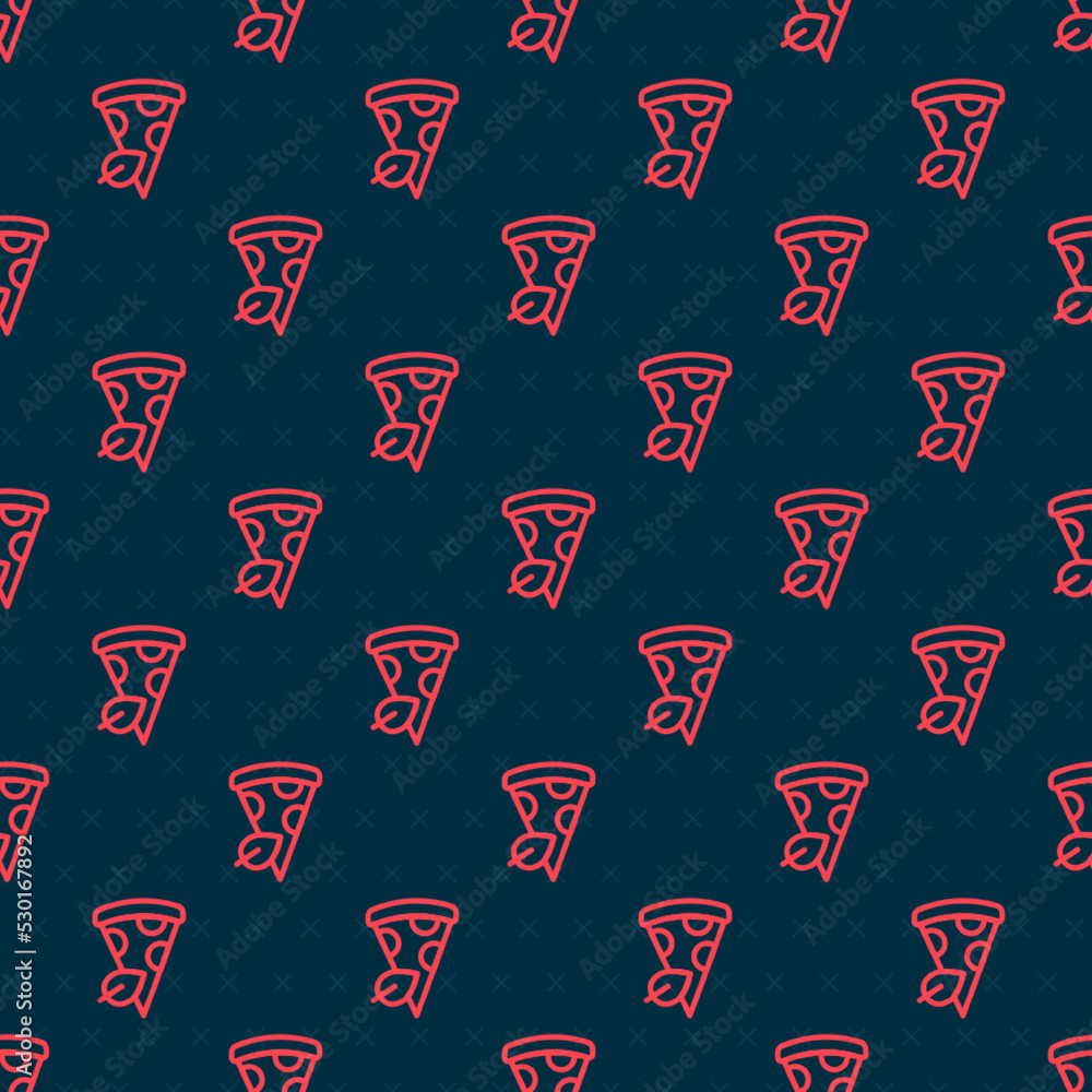 Poster red line vegan pizza slice icon isolated seamless pattern on black background. vector