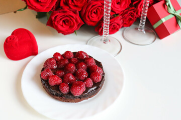 berry dessert. chocolate cheesecake with raspberries and jell