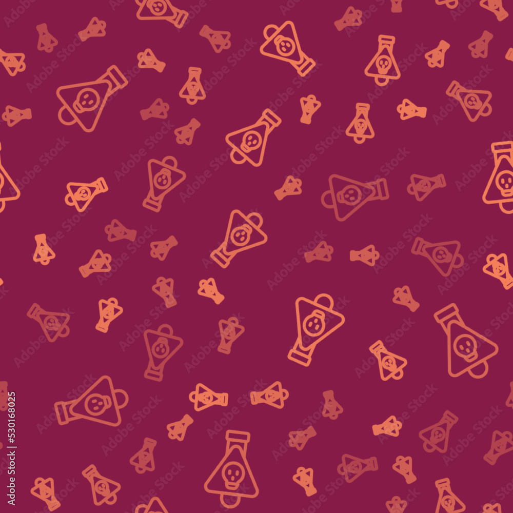 Poster brown line bottle with potion icon isolated seamless pattern on red background. flask with magic pot