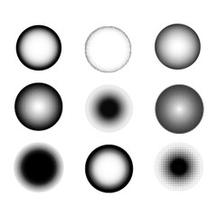Set of geometric dots with halftone effect. Curved gradient pattern with black and white spots. Abstract elements isolated on white background.Vector illustration.