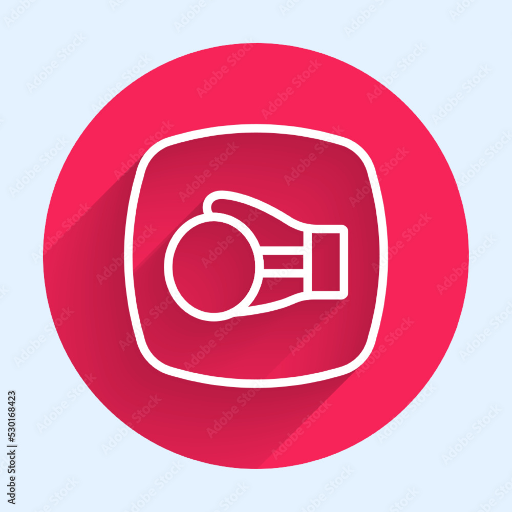 Poster White line Boxing glove icon isolated with long shadow background. Red circle button. Vector