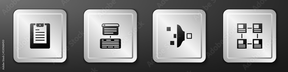 Aufkleber set server, data report, data, web hosting, filter setting and hierarchy organogram chart icon. silv