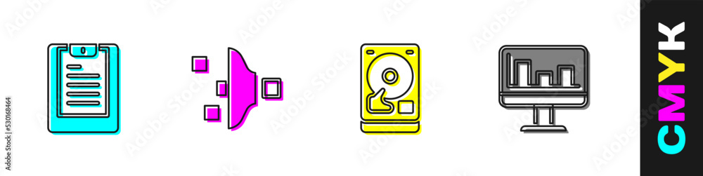 Poster set server, data report, filter setting, hard disk drive hdd and monitor with graph chart icon. vect