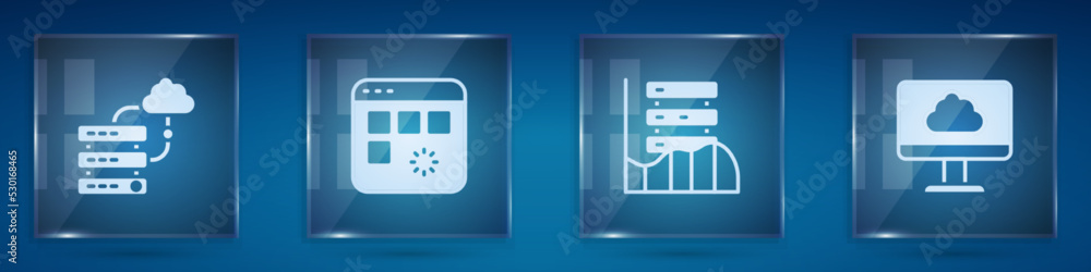 Poster set network cloud connection, loading data window, server, data, web hosting and cloud technology tr
