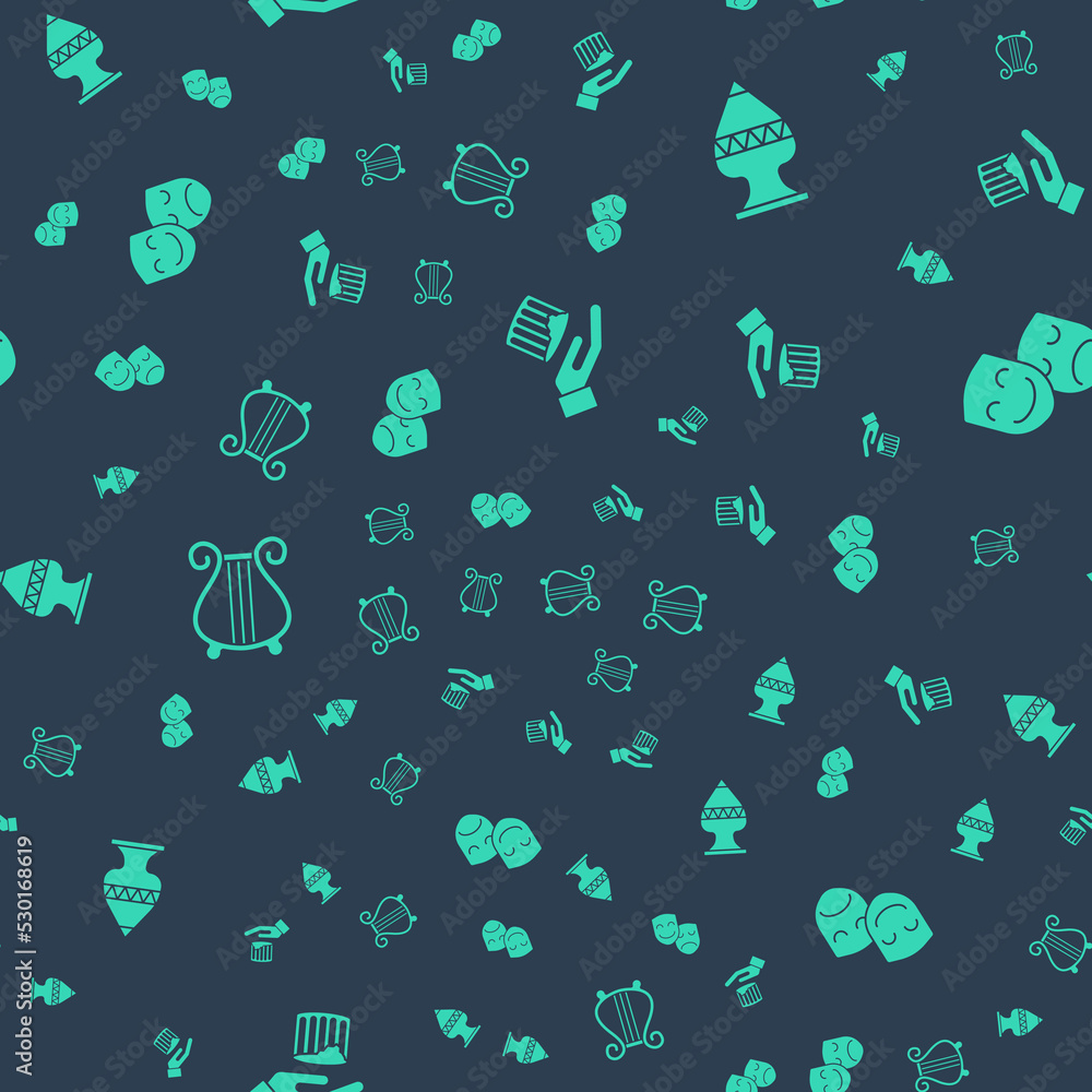 Aufkleber set ancient column, amphorae, lyre and comedy and tragedy masks on seamless pattern. vector
