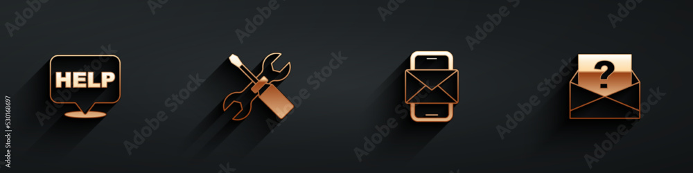 Aufkleber set speech bubble with text help, screwdriver and wrench spanner, mobile envelope and envelope quest