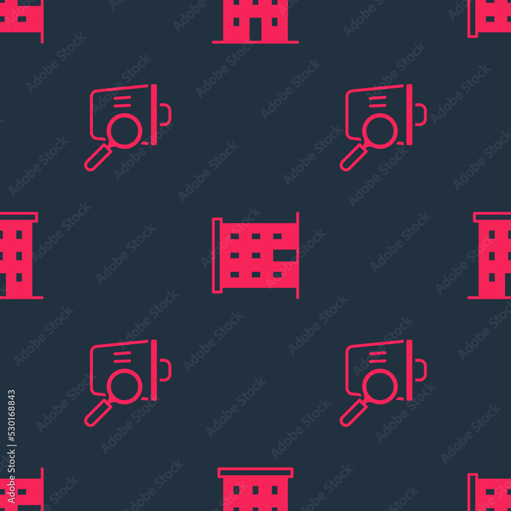 Poster set searching for food and multi storey building on seamless pattern. vector