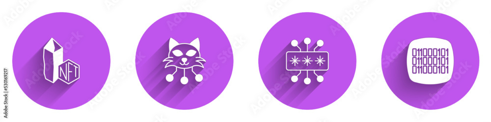 Poster set nft digital crypto art, cyber security and binary code icon with long shadow. vector