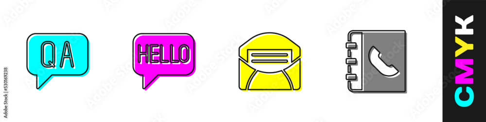 Poster set question and answer, hello in different languages, mail e-mail and phone book icon. vector
