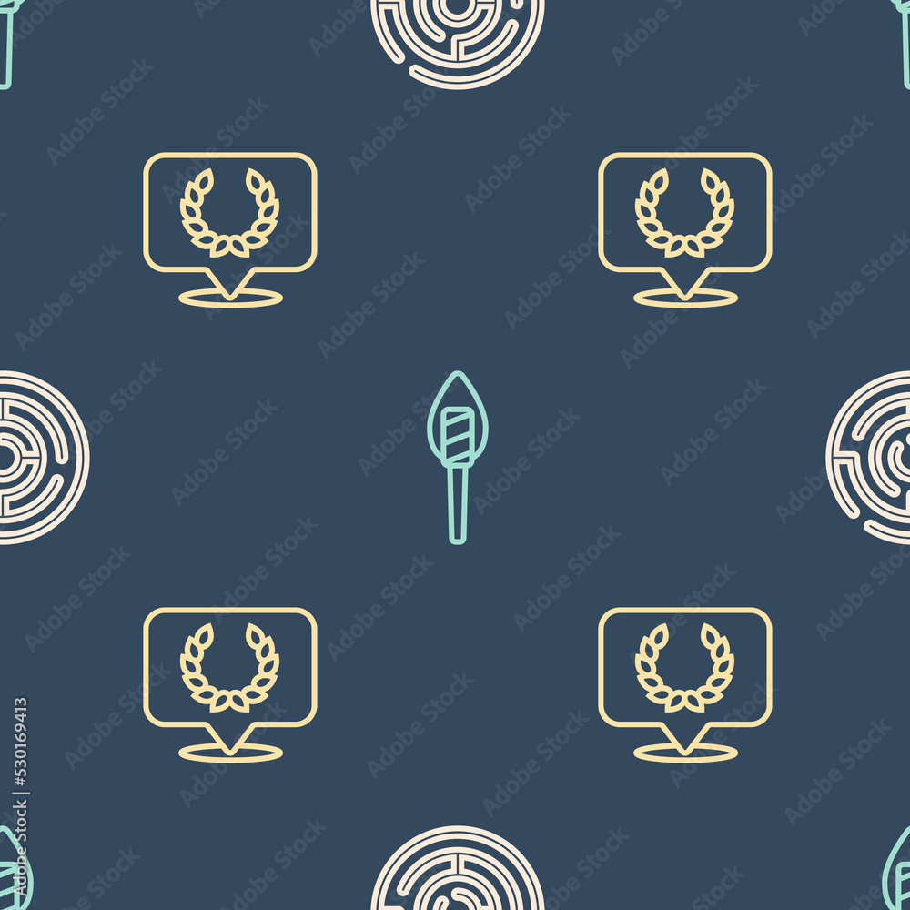 Aufkleber set line minotaur labyrinth, laurel wreath and torch flame on seamless pattern. vector