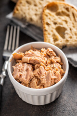 Canned tuna fish in the bowl.