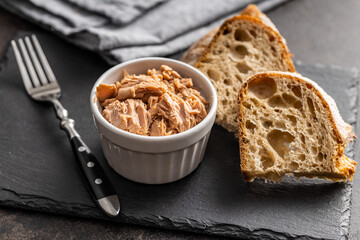 Canned tuna fish in the bowl.