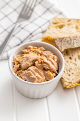 Canned tuna fish in the bowl.